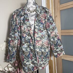 GOTCHA Covered Floral Denim Blazer Jacket Medium Made in USA Vintage Cottagecore